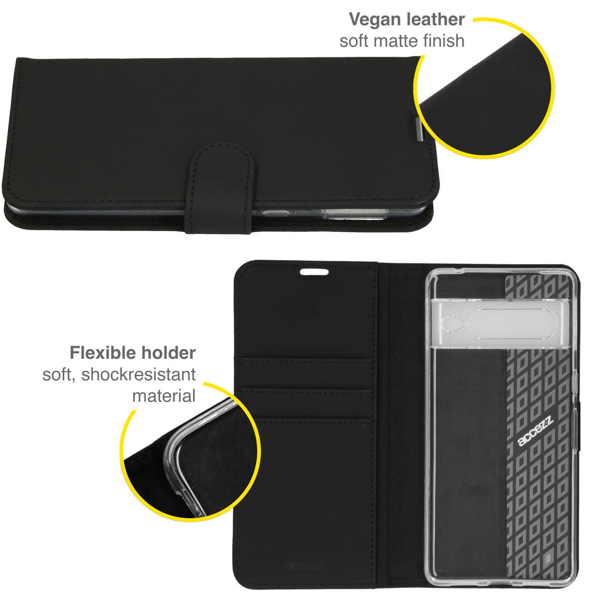 Eine schwarze Handyhülle mit matter Oberfläche. Sie hat eine flexible Halterung und veganes Leder. Die Hülle ist geöffnet.