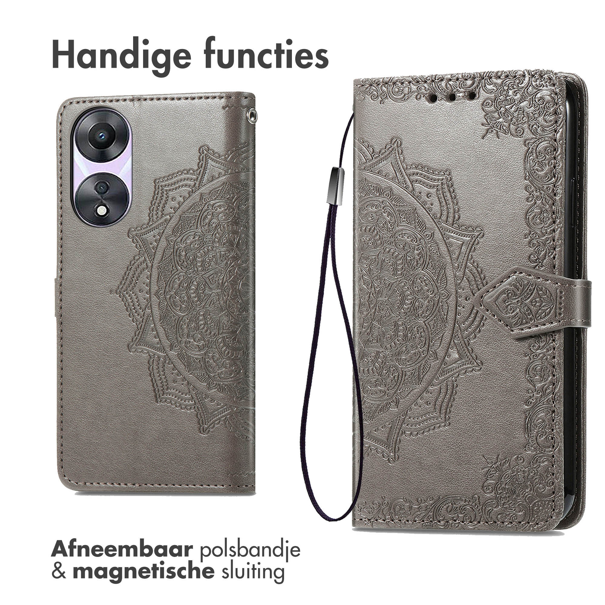 Twee grijze telefoonhoesjes, één open, met versierd patroon en afneembare polsriem.