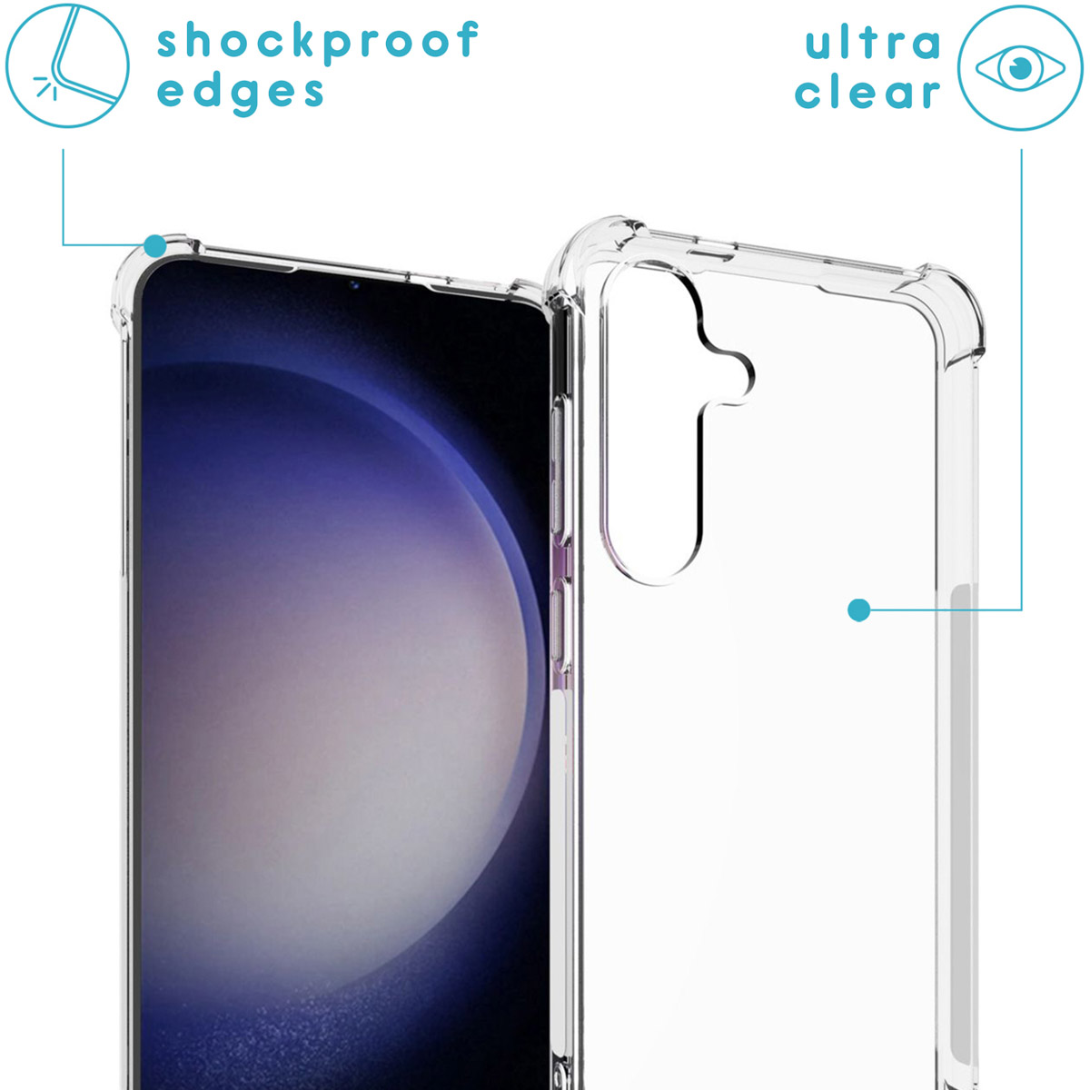 Transparante telefoonhoes met een telefoon. De tekst zegt dat het schokbestendige randen heeft en ultra helder is.