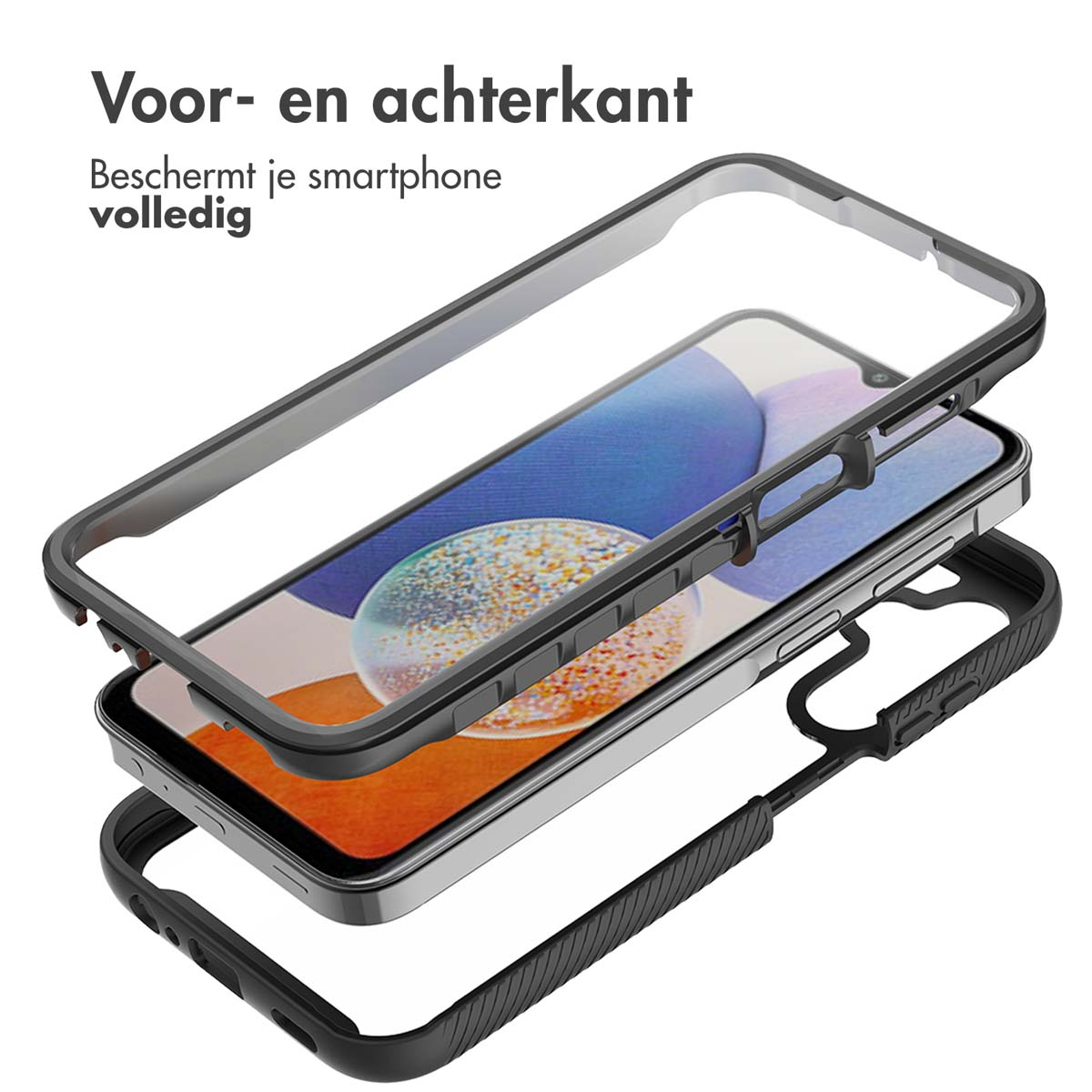 Transparente Handyhülle in Schichten, Smartphone innen. Schwarzer Rahmen. Text: Schützen Sie Ihr Smartphone vollständig.