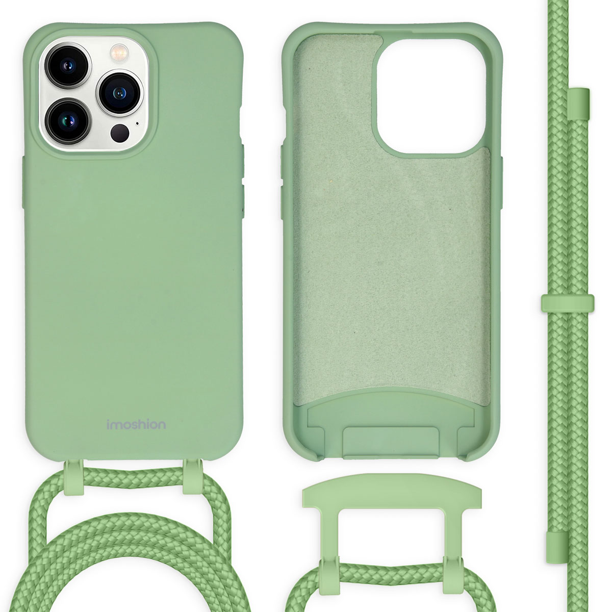 Custodia per telefono verde con un cordino verde e il suo supporto. Viene mostrato il telefono.