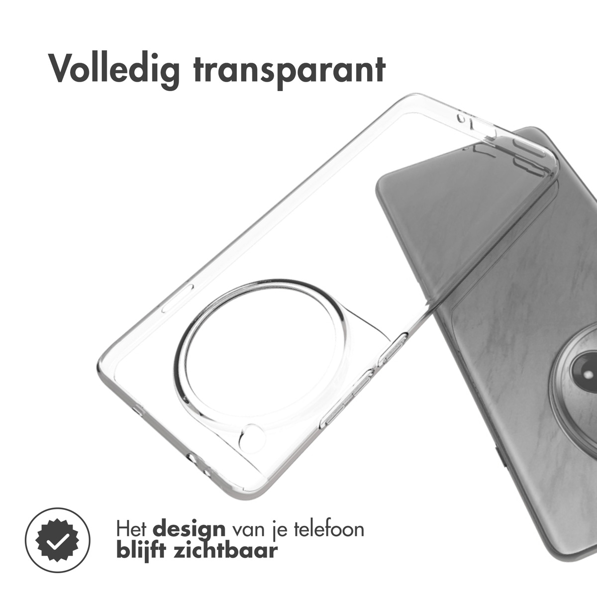 Custodia trasparente con telefono all'interno. Il design del telefono è visibile. Testo: Totalmente trasparente.