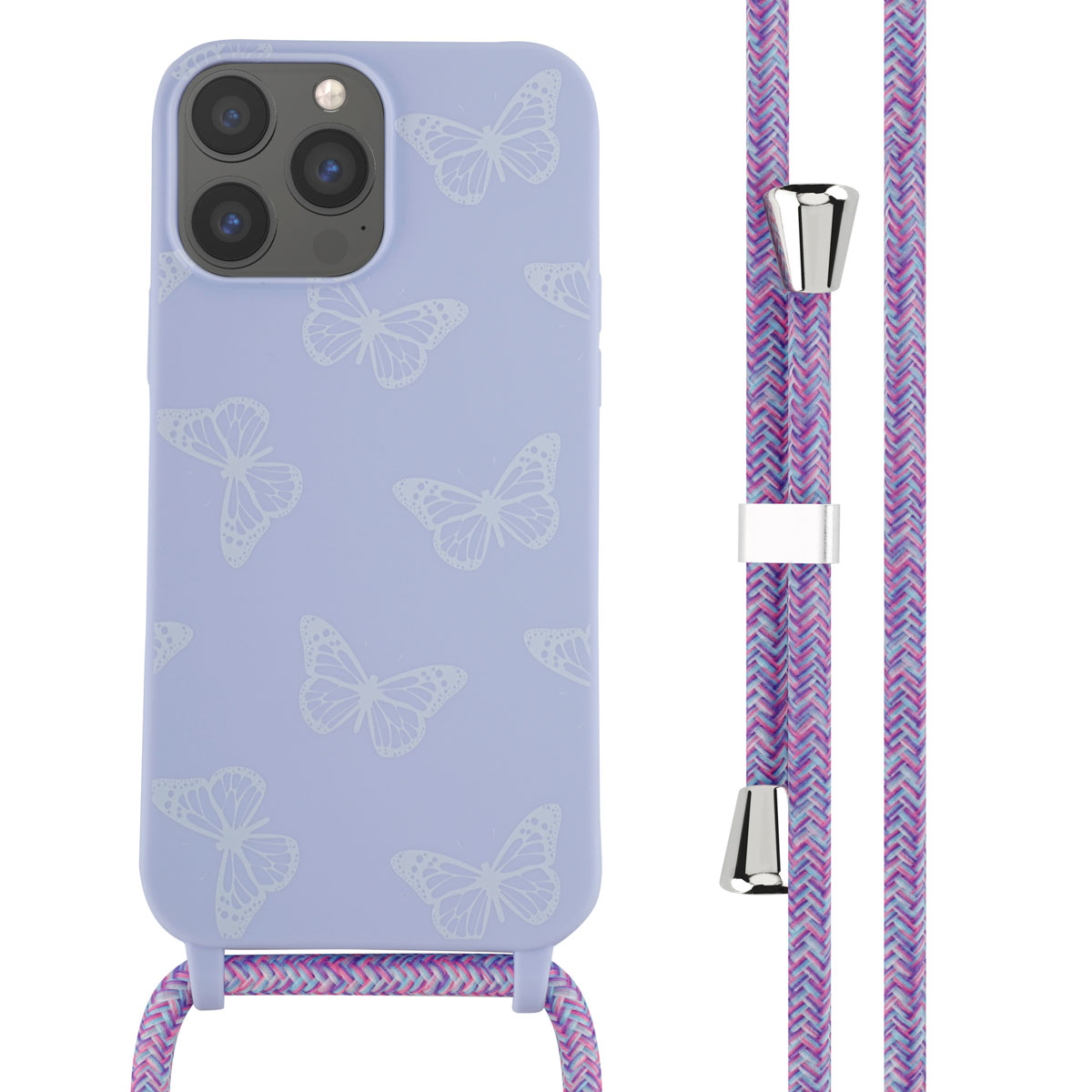 Paarse telefoonhoes met vlinderontwerp en bijpassende riem.
