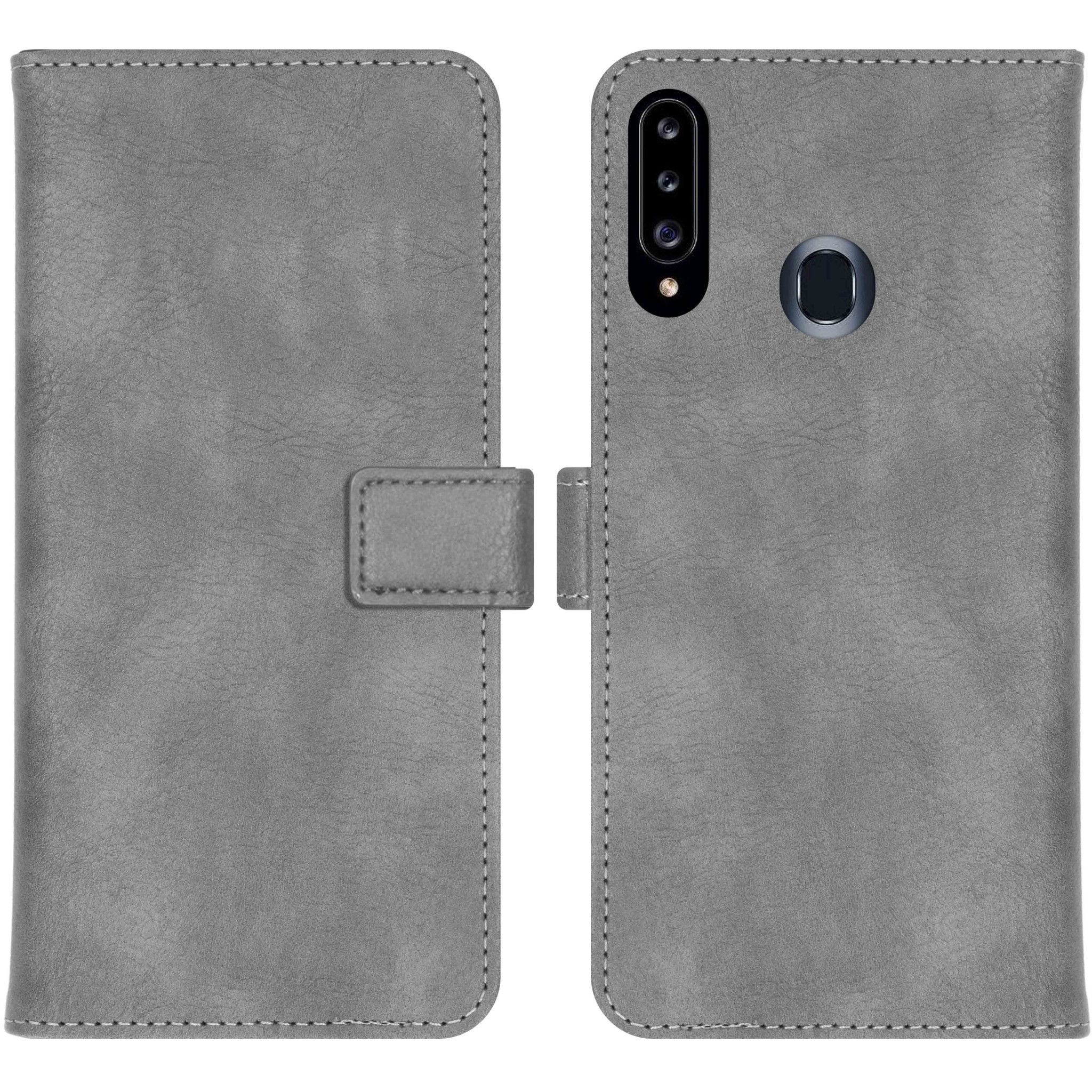 Grijze telefoonhoes met camera's en vingerafdruksensor.