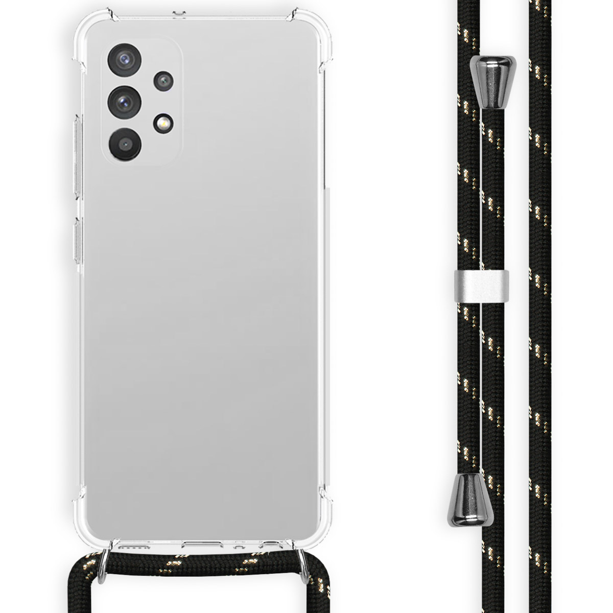 Transparante telefoonhoes met bevestigd zwart-wit patroon koord. Telefoon zichtbaar. Witte achtergrond.