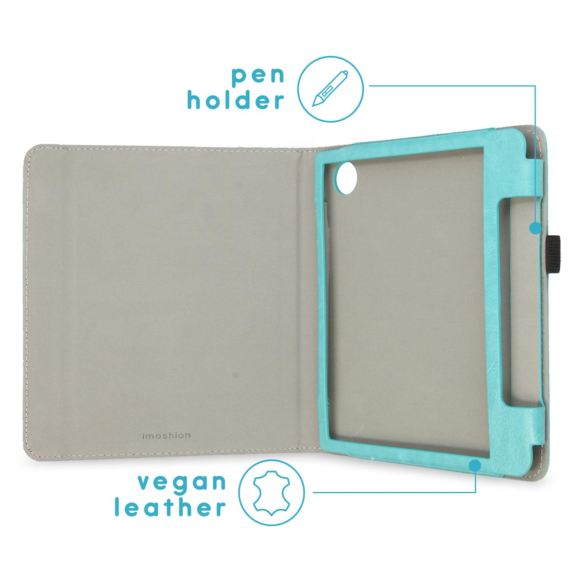 Un étui pour tablette en cuir vegan gris clair avec cadre turquoise et porte-stylo.