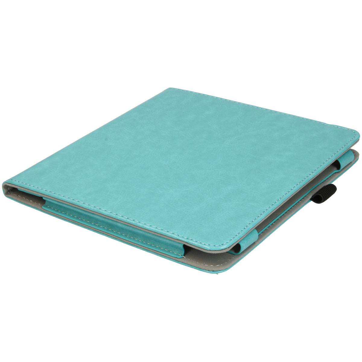 Un étui turquoise pour tablette sur fond blanc.