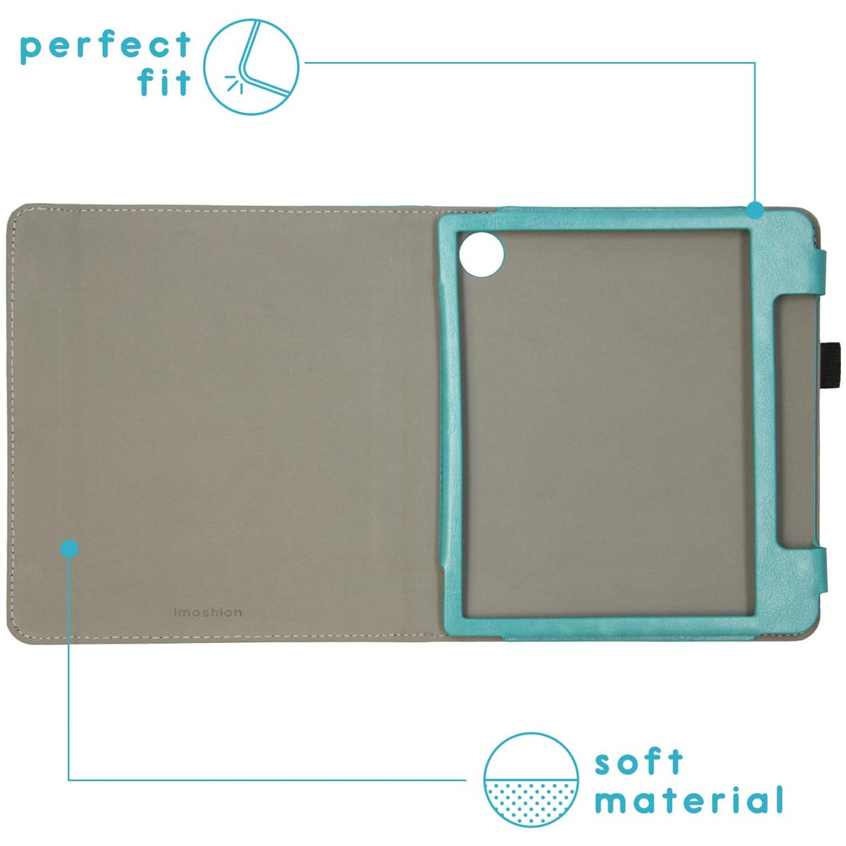 Étui gris pour tablette avec cadre turquoise et découpe pour appareil photo. Ajustement parfait.