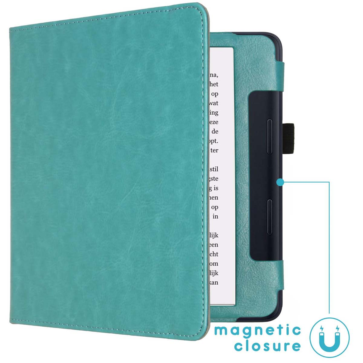 Couverture turquoise pour liseuse avec fermeture magnétique et texte.