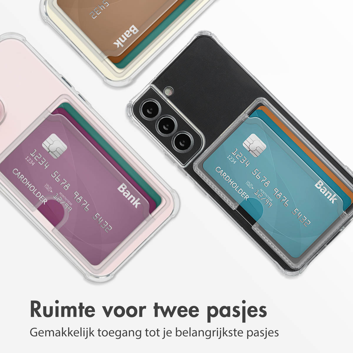 Telefoonhoesjes met kaartsleuven. Drie hoesjes met telefoons en kaarten zijn zichtbaar. De voorgrond is lichtroze.