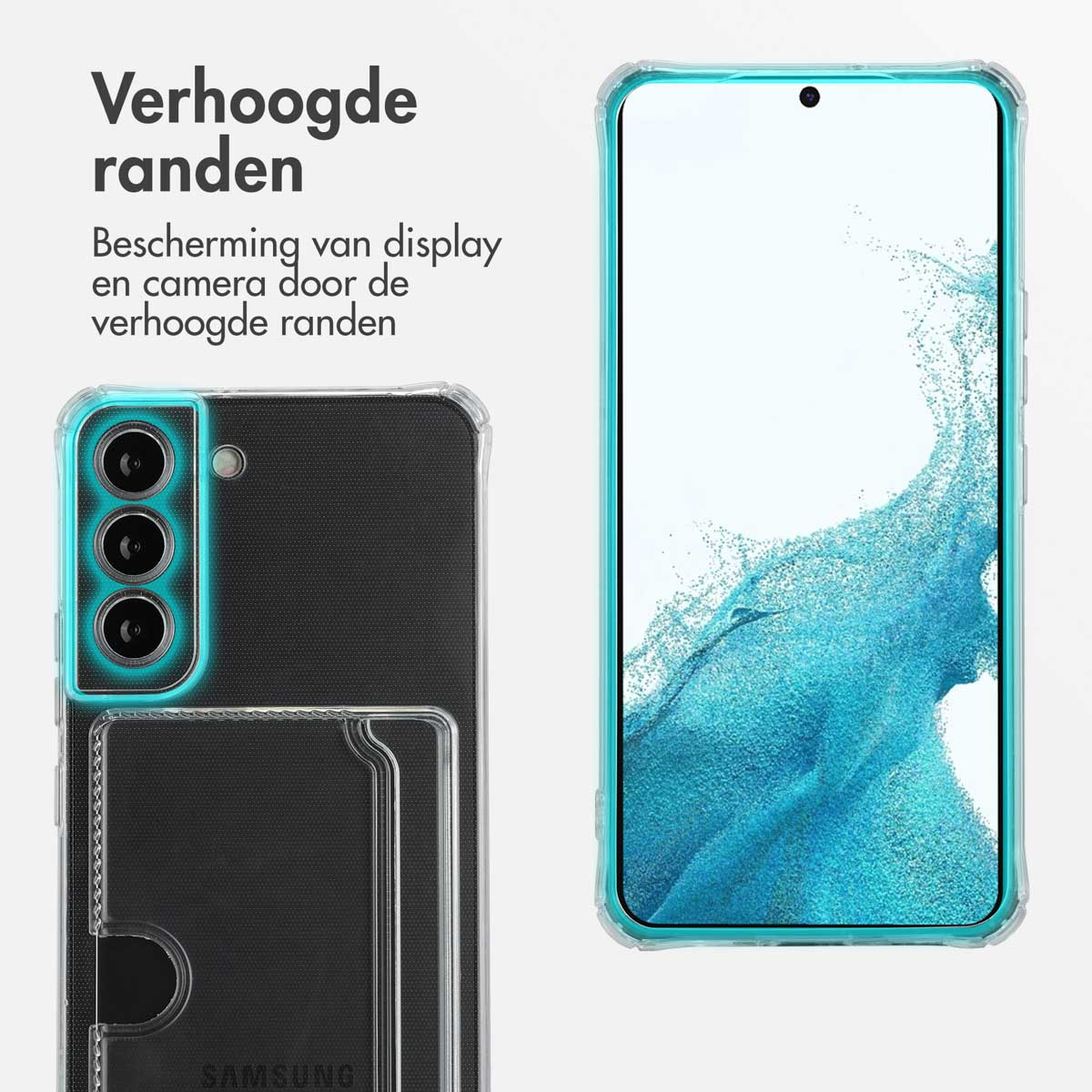 Transparante telefoonhoes met telefoon erin. Tekst zegt dat de hoes het scherm en de camera beschermt.