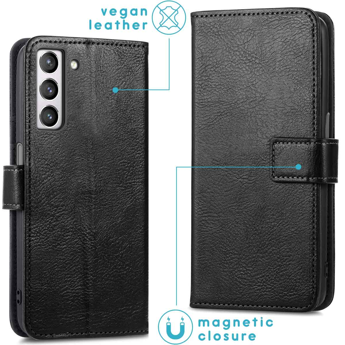 Zwarte vegan leren flip case met magneetsluiting voor smartphone.