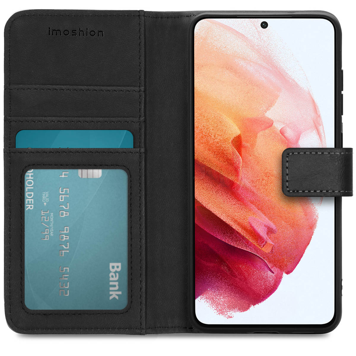 Zwarte leren flip case voor smartphone met kaarthouders.