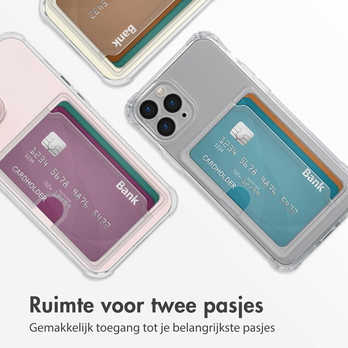 Drie telefoonhoesjes, twee met kaarten. Ruimte voor twee kaarten.