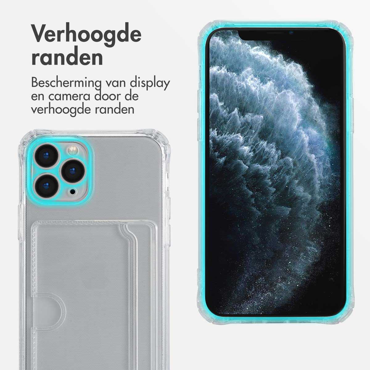 Transparante telefoonhoes beschermt telefoon met blauwe accenten. Tekst noemt verhoogde randen.