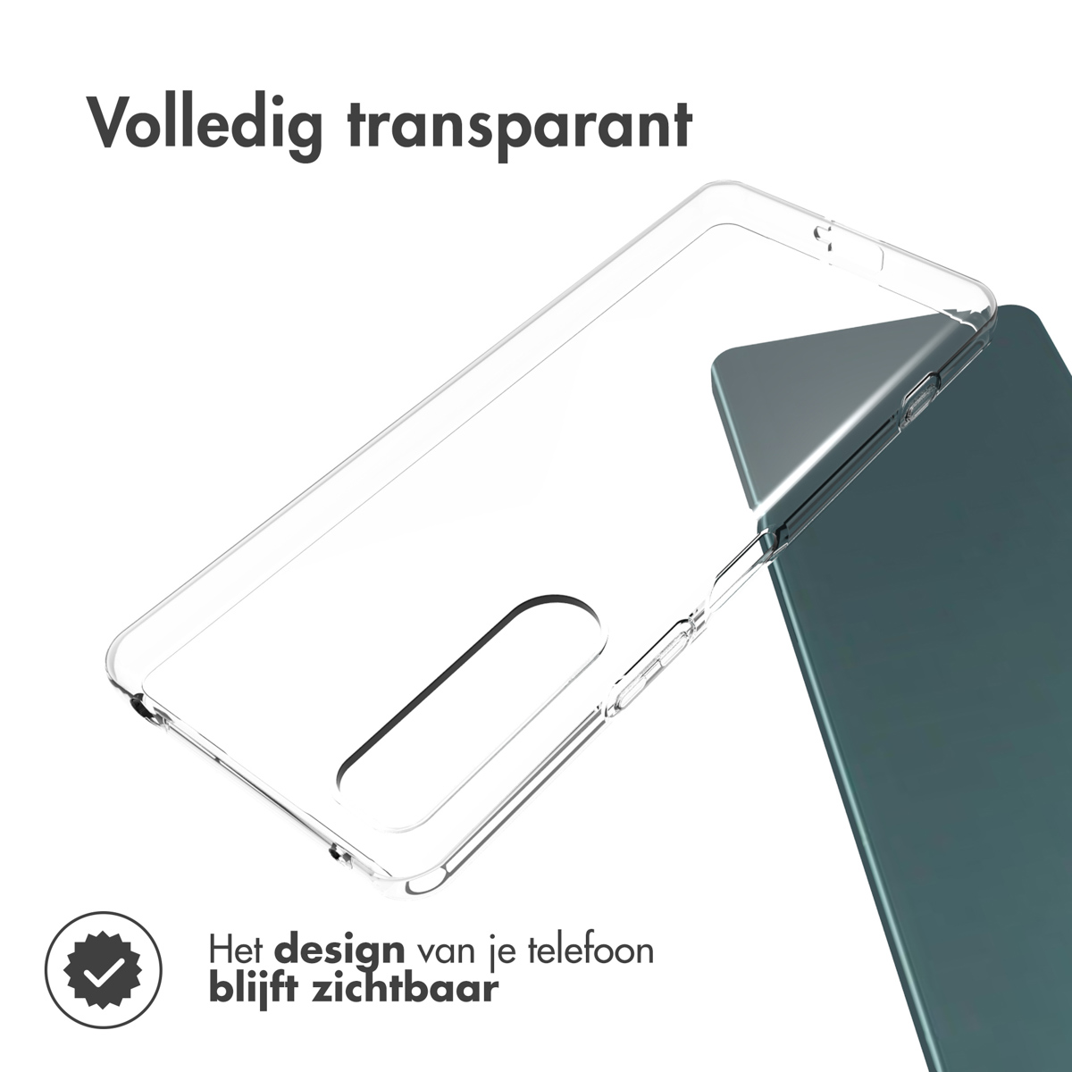 Custodia trasparente per telefono su un telefono scuro. Il testo recita: Il design del tuo telefono rimane visibile.