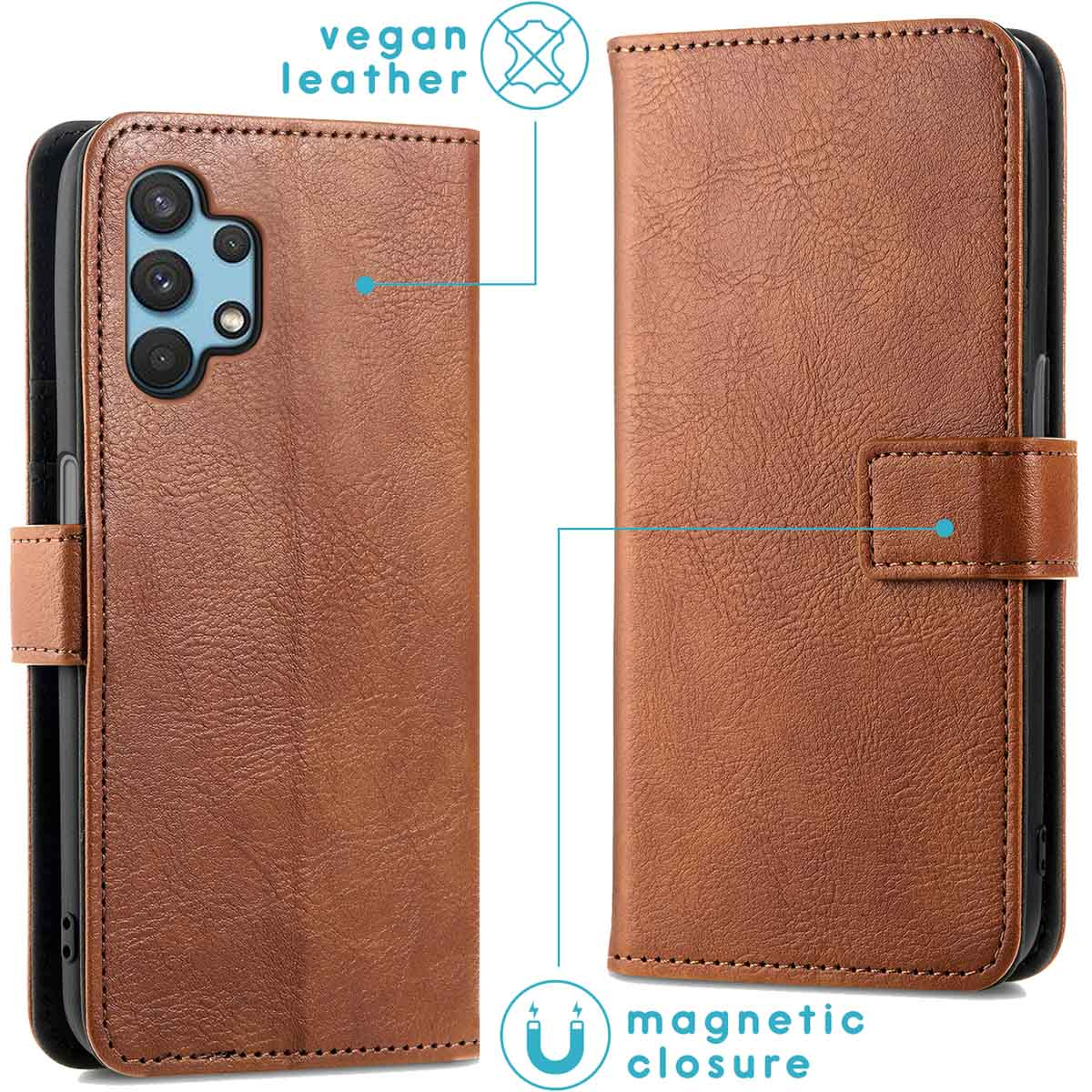 Bruine vegan leren telefoonhoes met magneetsluiting en cameragat.