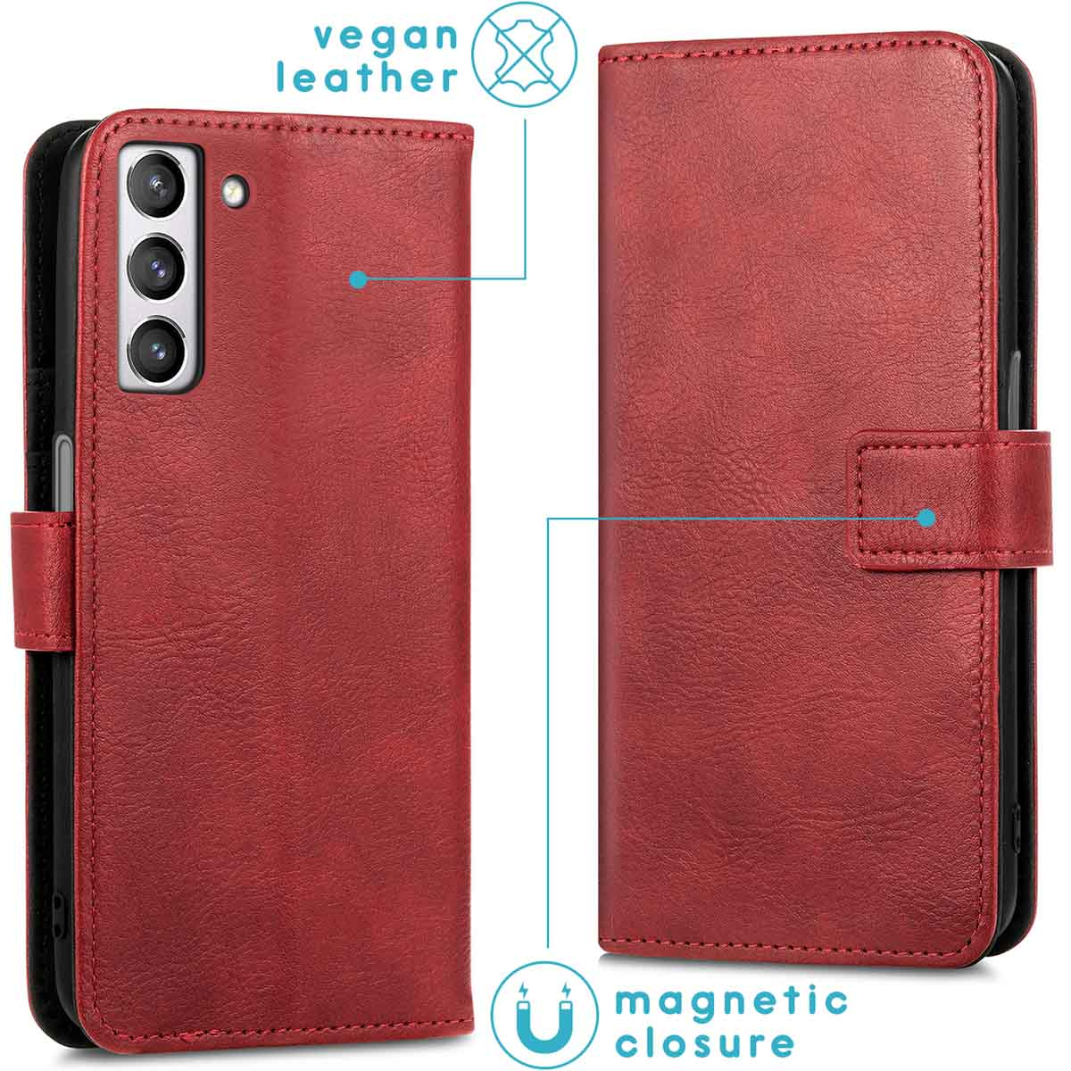 Rode vegan leren telefoonhoes met magnetische sluiting en camera-uitsparing.