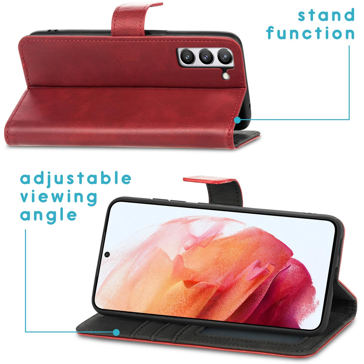 Rode telefoonhoes met standaardfunctie en instelbare kijkhoek.