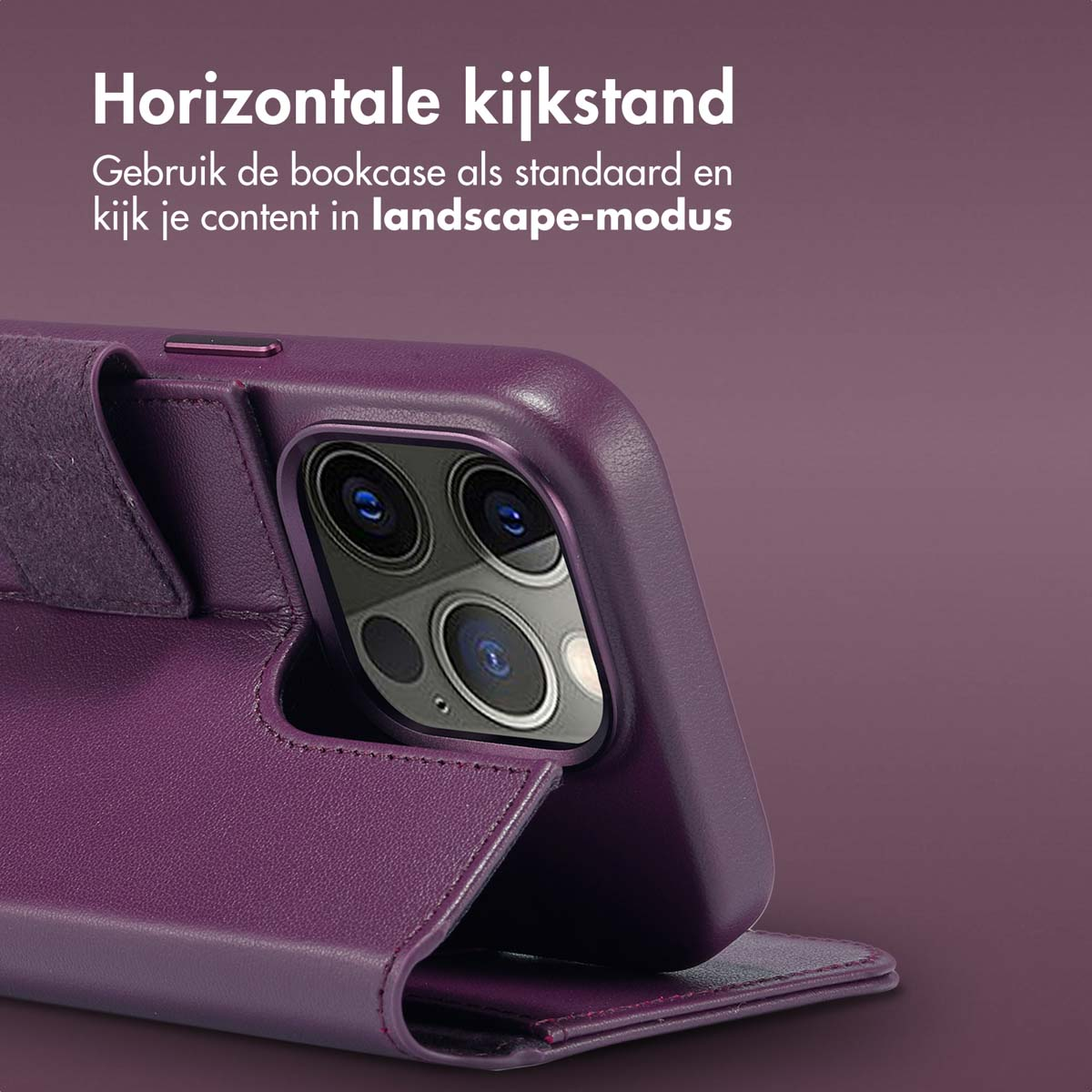 Étui de téléphone violet avec un téléphone à l'intérieur. Le texte dit : 'Support horizontal'. L'étui a un support de visualisation horizontal.