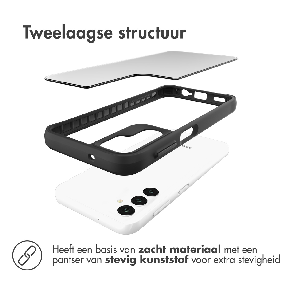 Telefoonhoescomponenten uitgespreid. Zwart frame, witte telefoon en een heldere schermbeschermer.