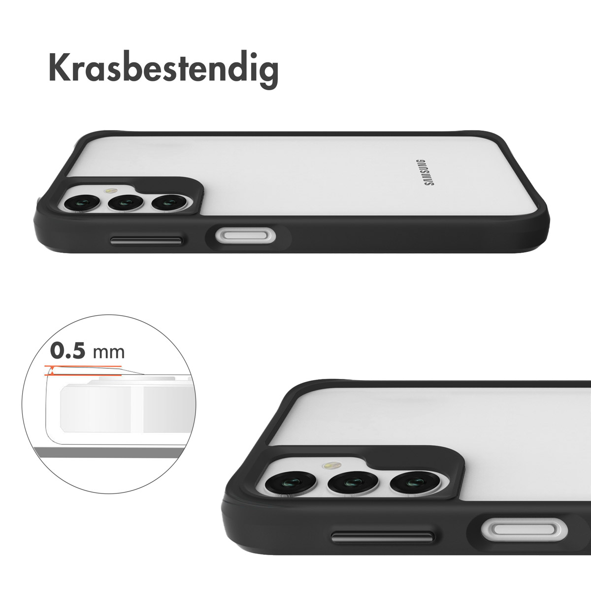 Krasbestendige zwarte telefoonhoes toont camera en 0,5 mm verhoogde rand.