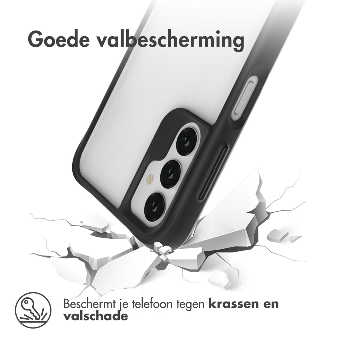 Een smartphone met zwarte hoes valt op gebroken witte oppervlakken.