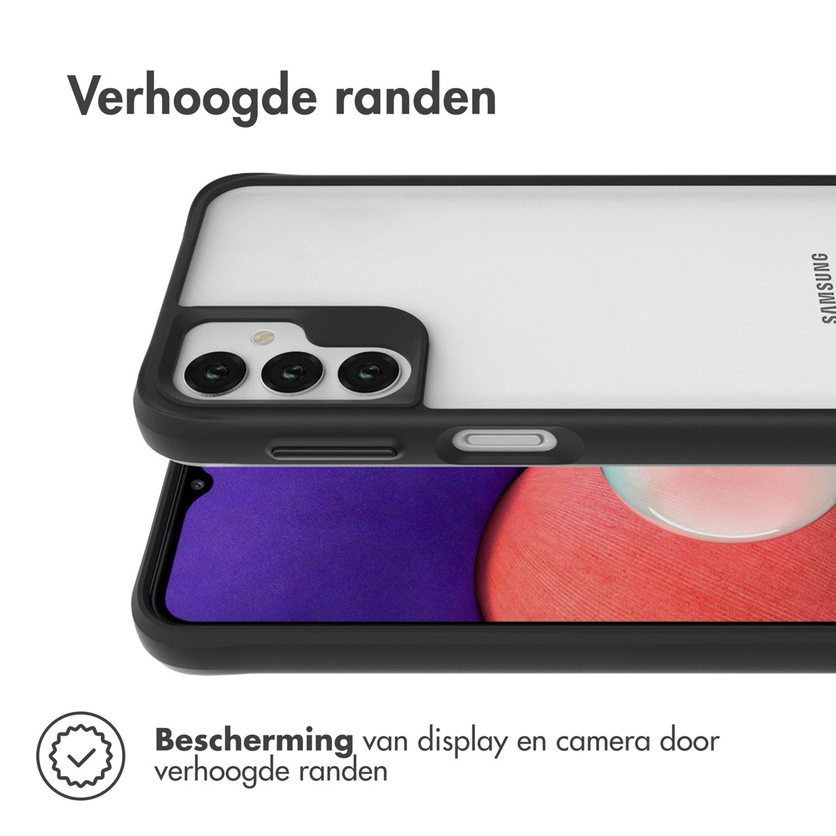 Telefoon in hoesje, open. De hoes heeft verhoogde randen voor camera- en schermbescherming.