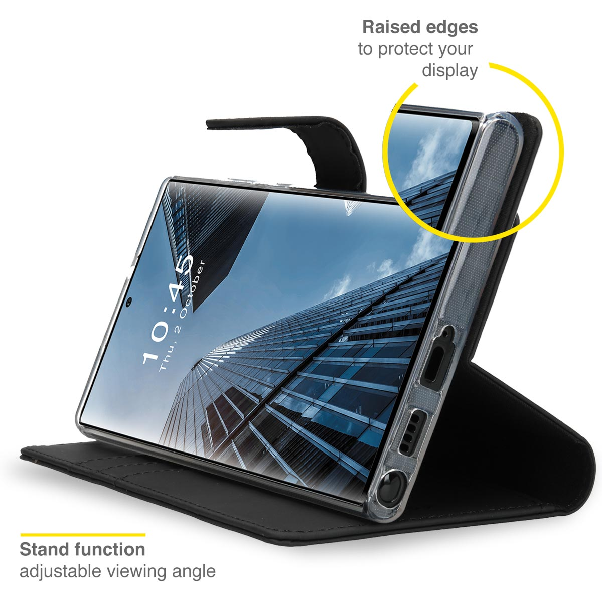 Coque noire avec fonction support. Un téléphone est à l'intérieur, montrant un écran avec une horloge.