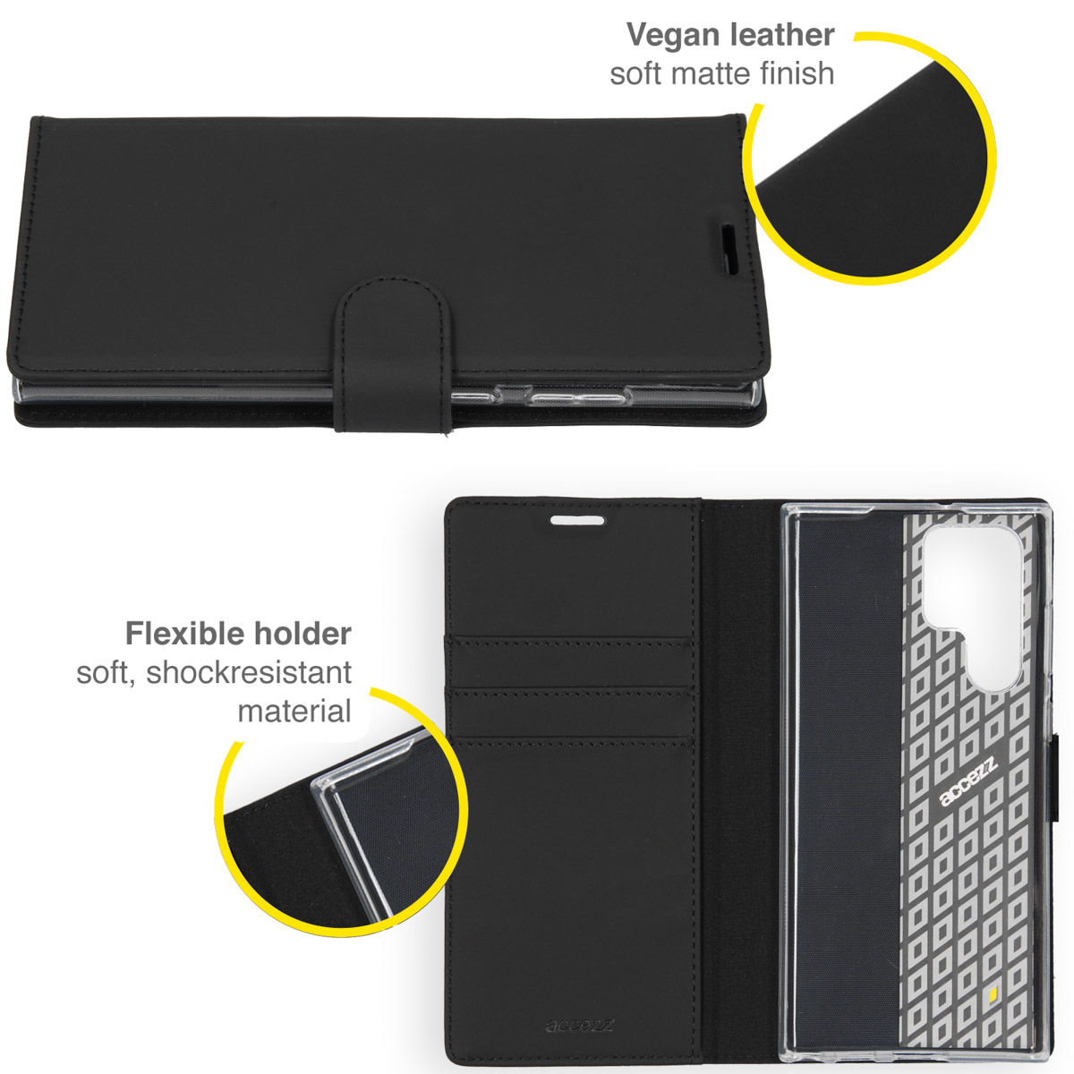 Étui de téléphone noir en cuir végétalien. L'étui est ouvert, montrant le support de téléphone et les fentes pour cartes. Caractéristiques : finition mate douce.