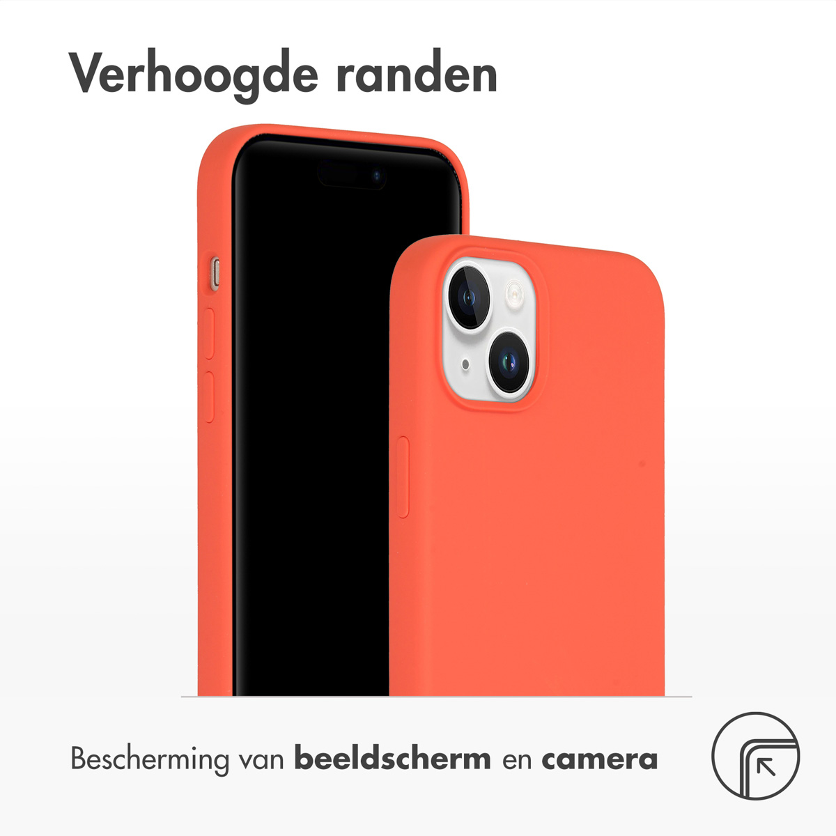 Twee oranje telefoonhoesjes, één met een telefoon erin. Tekst: Scherm- en camerabescherming. Verhoogde randen.