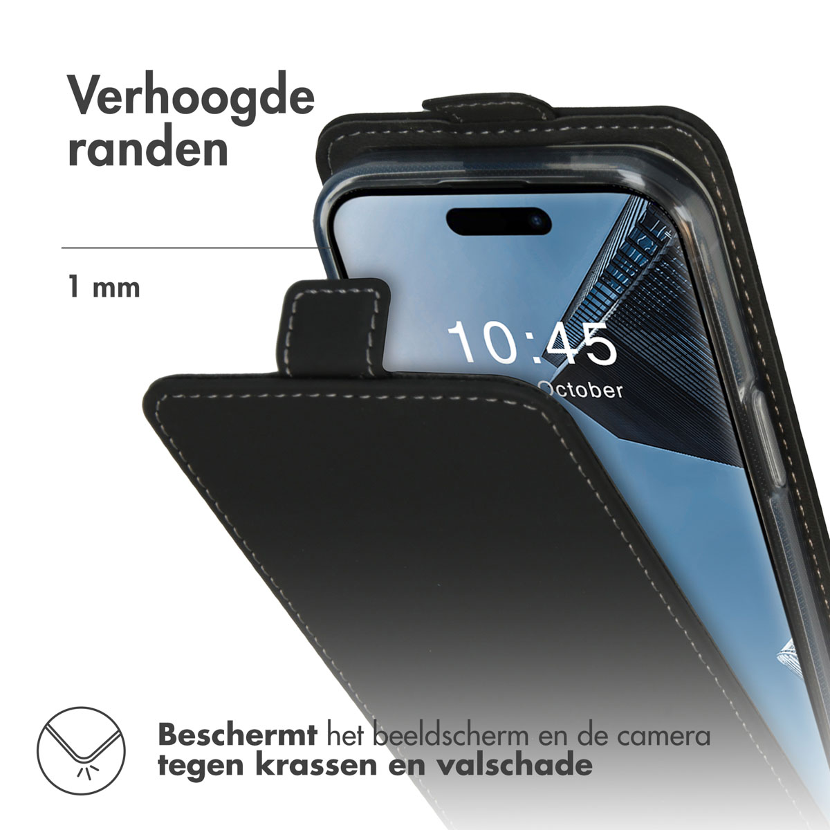 Black phone flip case with 1mm raised edges, showing phone time 10:45.