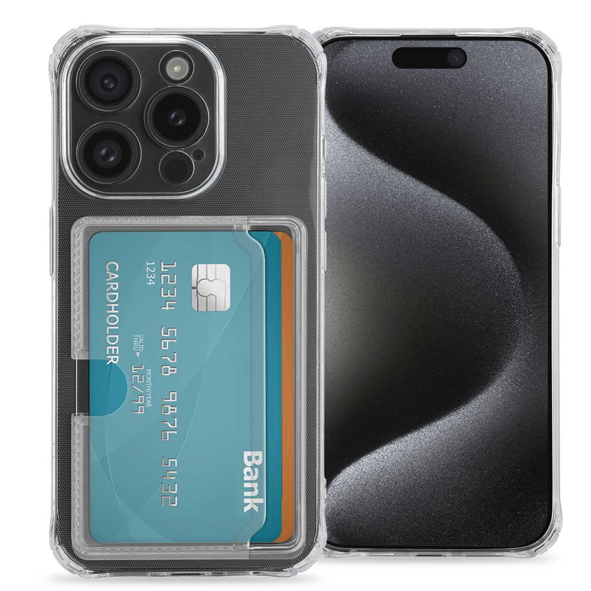Coque transparente avec deux cartes dans un porte-cartes, sur un écran de téléphone. Les cartes sont bleues et orange.