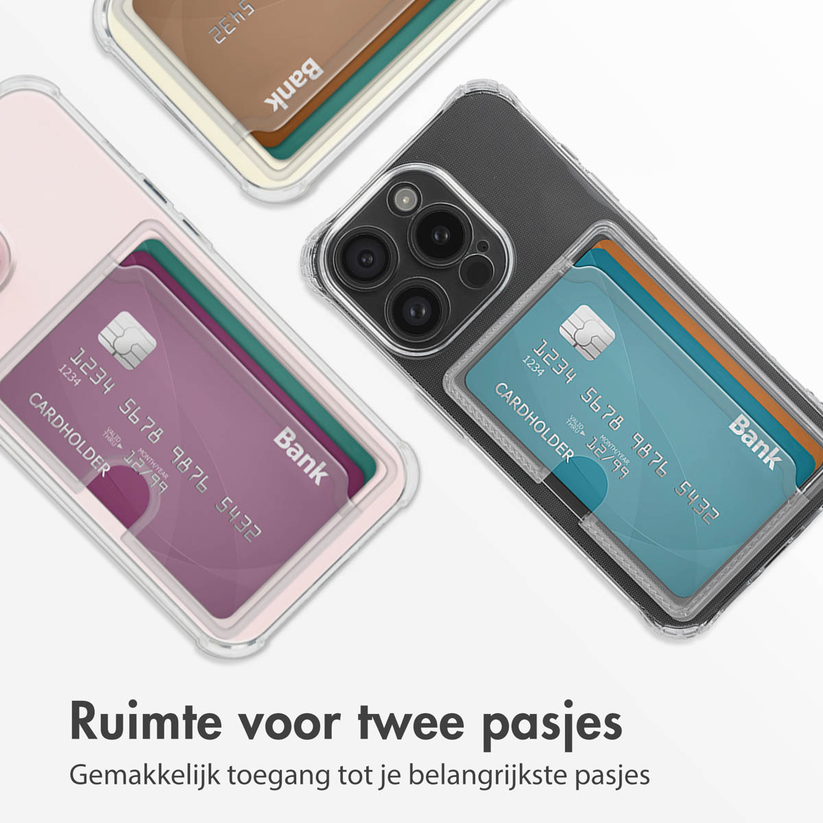 Trois étuis de téléphone avec cartes. Deux étuis sont roses et un est noir, avec des cartes de crédit visibles.
