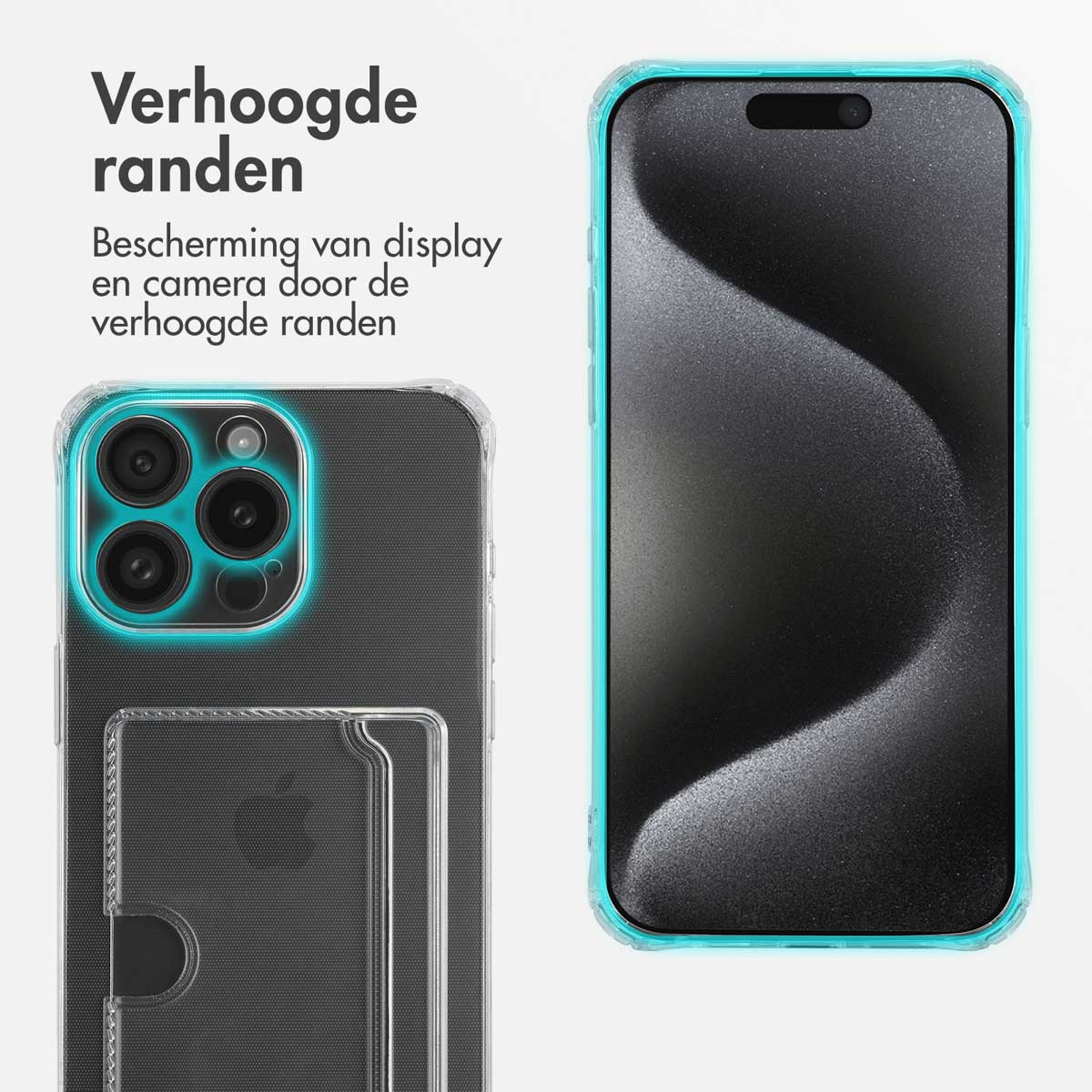 Coque de téléphone avec dos transparent et bord bleu. L'écran du téléphone est visible. La coque est sur le téléphone avec des fentes pour cartes.