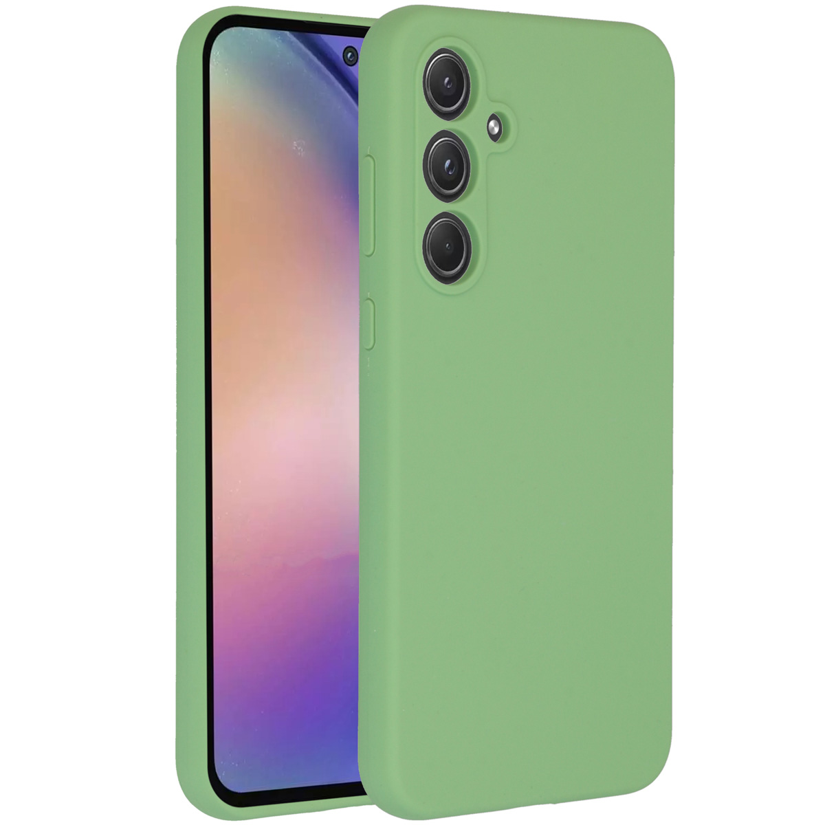 Een groene telefoonhoes op een telefoon. De telefoon is zichtbaar met zijn scherm en camera's.