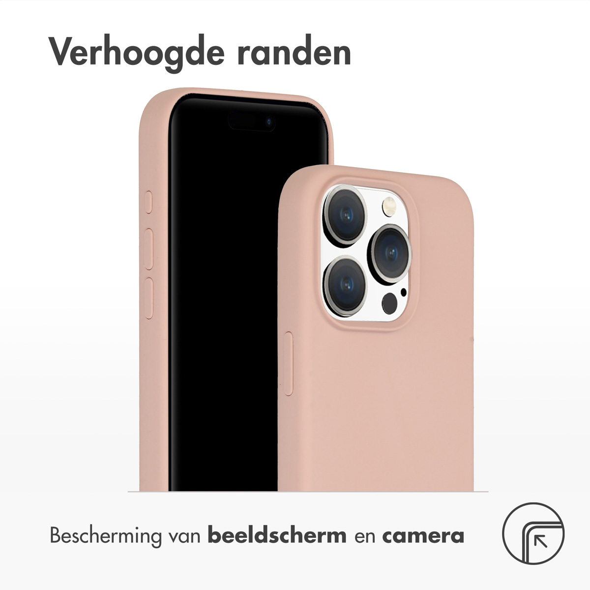 Custodia rosa per telefono. Il telefono è nella custodia. Bordi rialzati. Protegge la fotocamera.