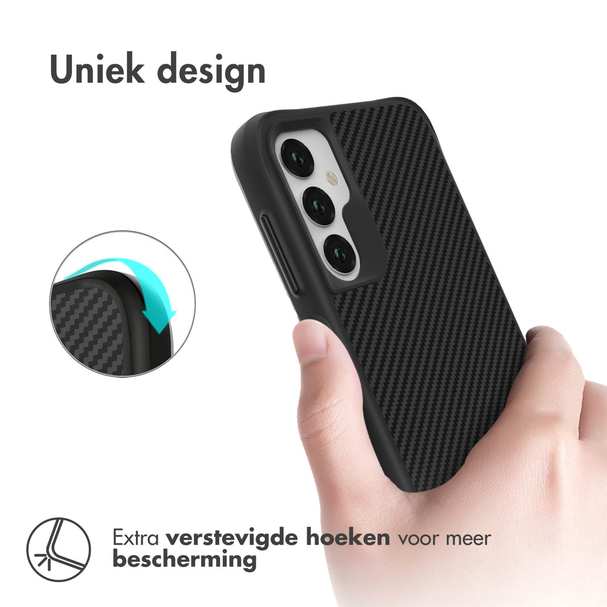 Custodia per telefono nera con un design unico, motivo in fibra di carbonio. Angoli extra rinforzati.