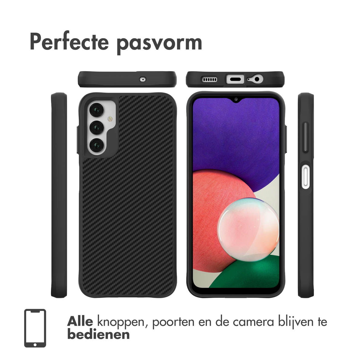 Set di custodie per telefono, che mostra diverse viste di una custodia nera e di un telefono con la custodia.