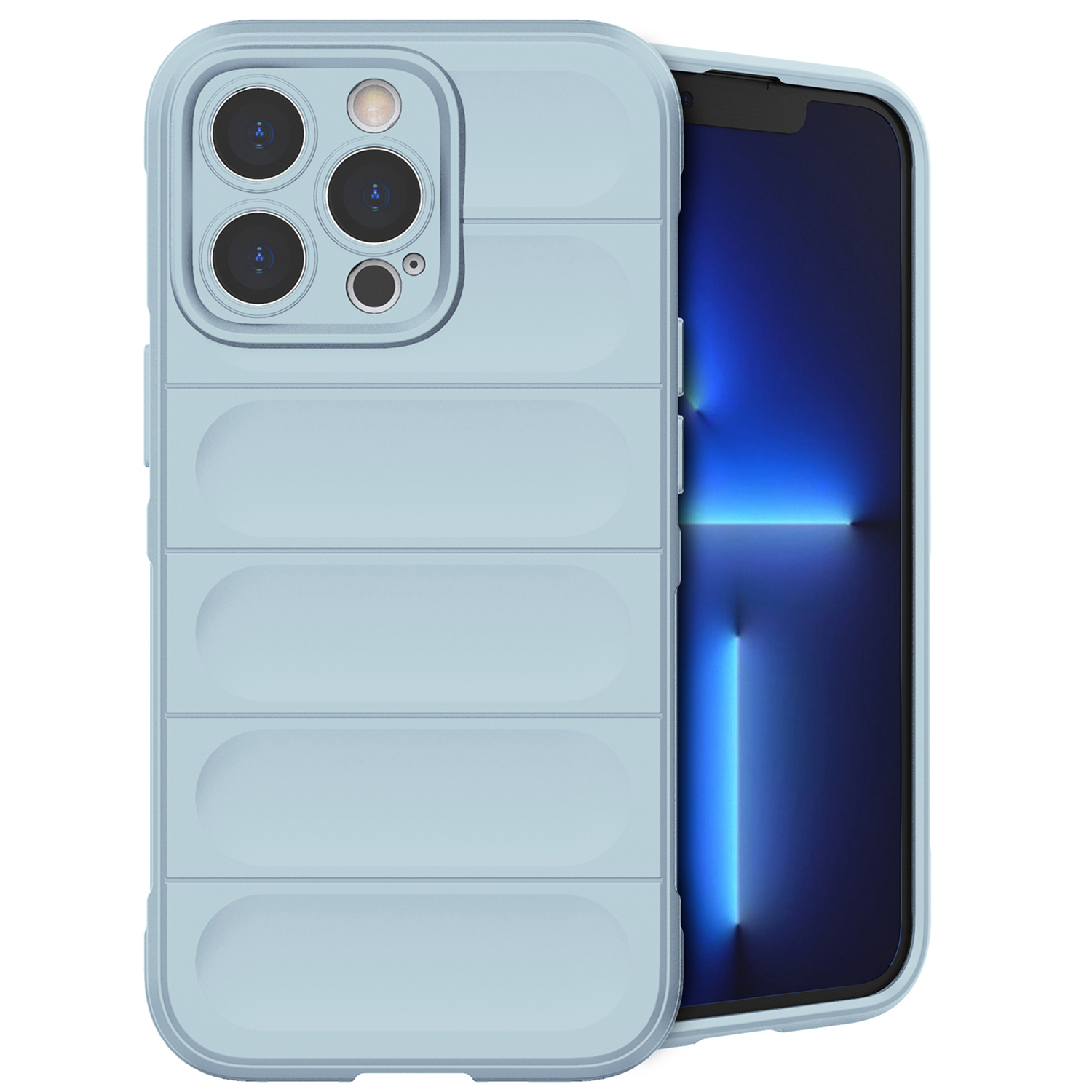 Eine hellblaue Handyhülle mit einem bauschigen Design und ein Handy mit einem blauen Bildschirm.