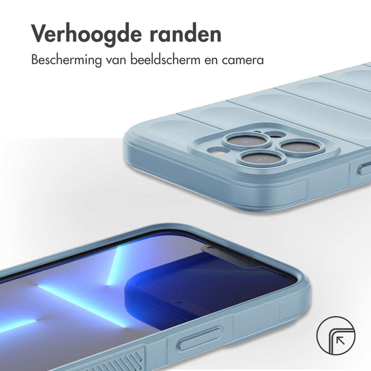 Eine hellblaue Handyhülle mit bauschigem Design, die die erhöhten Ränder um Bildschirm und Kamera zeigt.