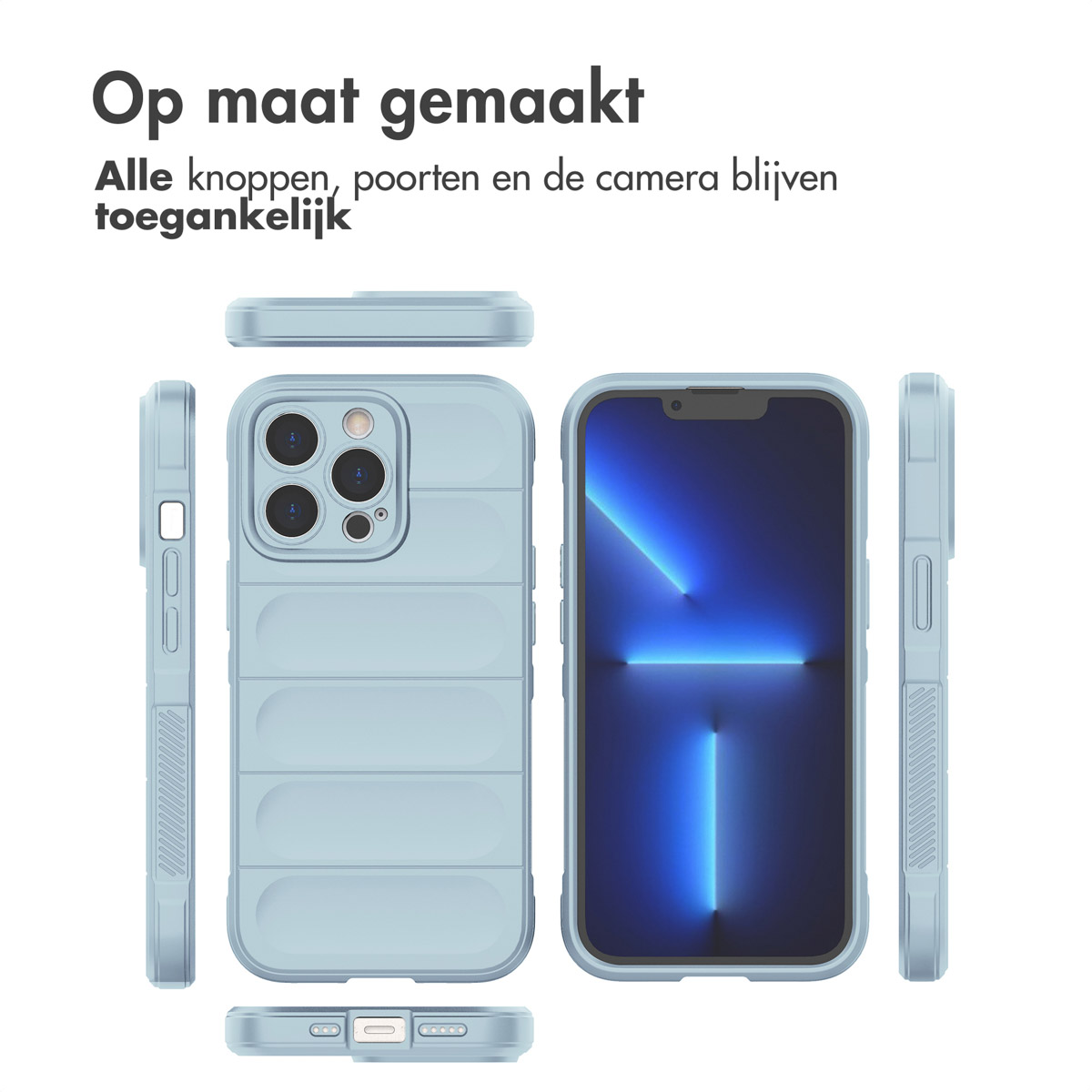 Eine hellblaue Handyhülle wird aus mehreren Blickwinkeln gezeigt, wobei ein Telefonbildschirm sichtbar ist.