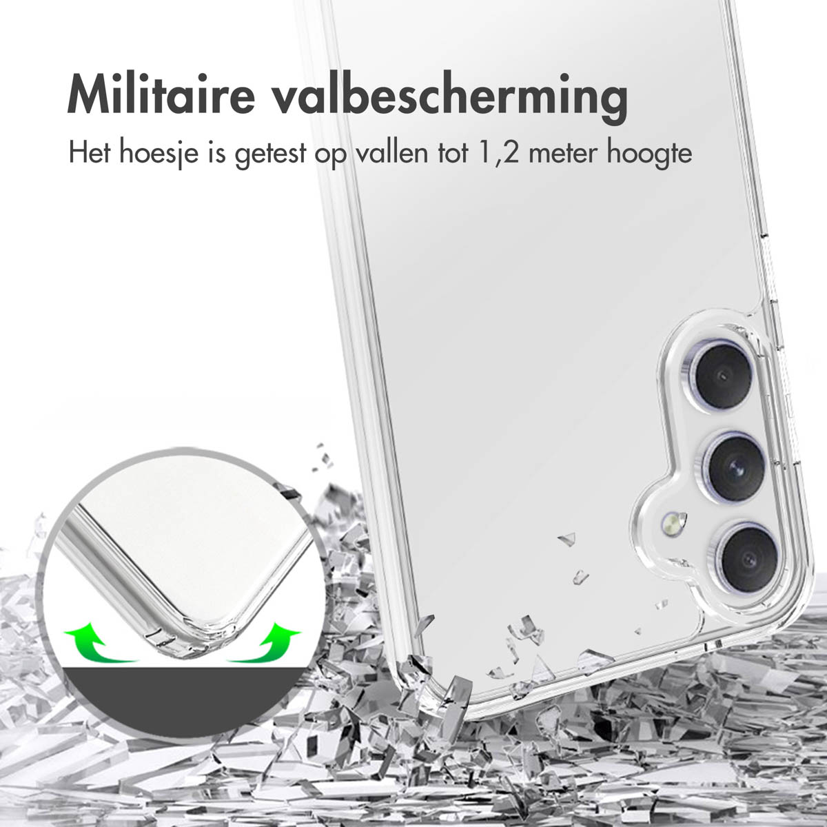 Custodia trasparente per telefono con un telefono all'interno. La custodia viene testata per la protezione dalle cadute, con vetro rotto visibile.