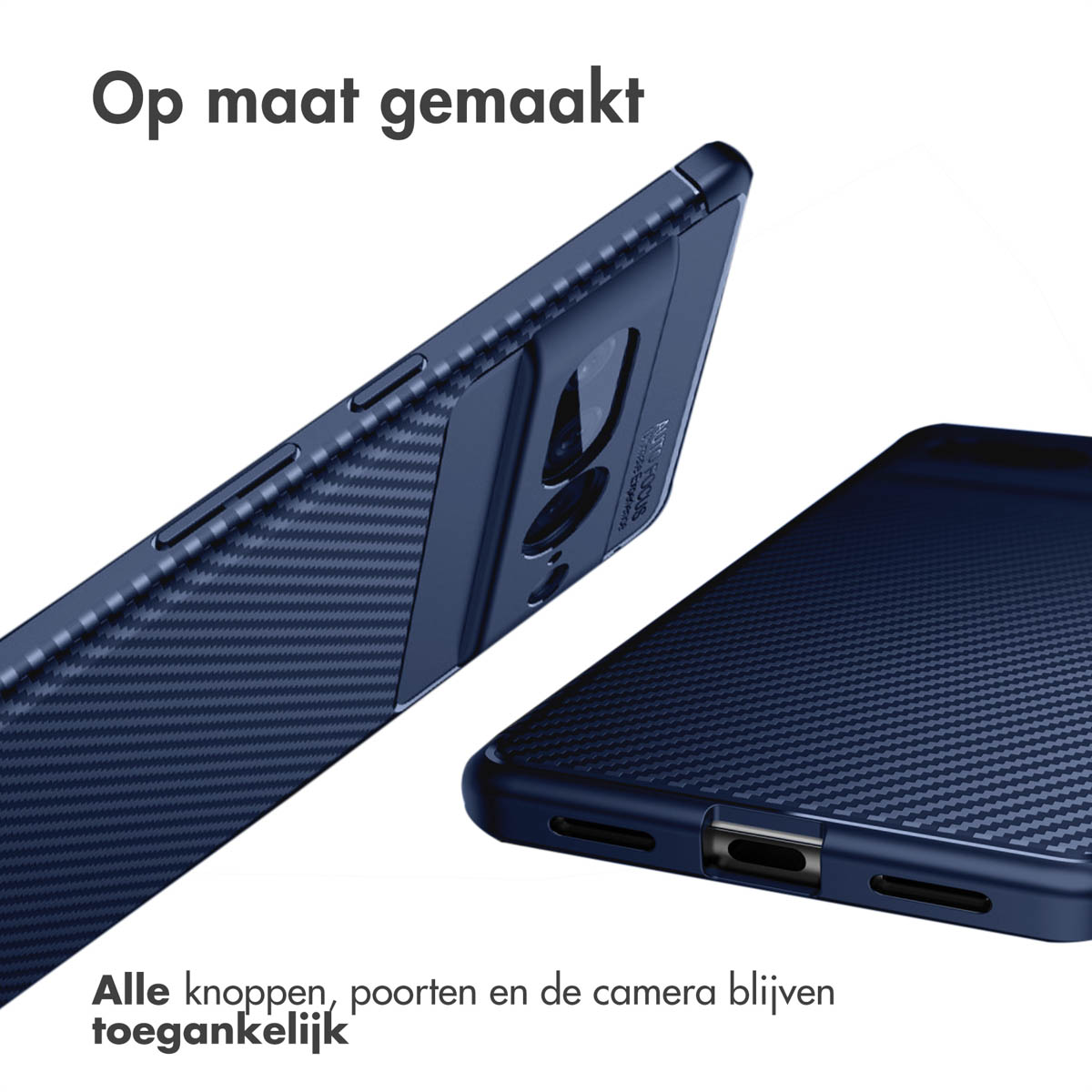 Dunkelblaues Handycover mit Karbonmuster. Seitenansicht zeigt Tasten und Anschlüsse.