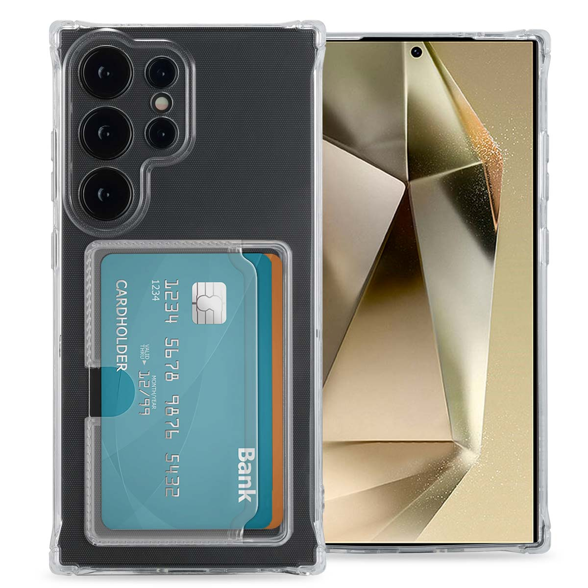 Téléphone avec coque transparente, un porte-cartes avec une carte à l'intérieur. La carte a un logo bancaire.