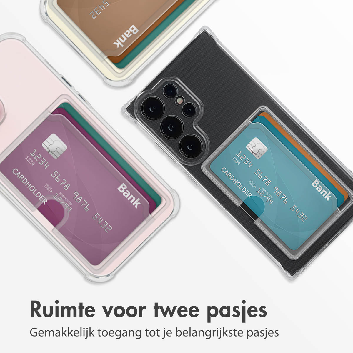 Coques de téléphone avec cartes de crédit à l'intérieur. Coques rose, noire et transparente. Texte : Espace pour deux cartes.