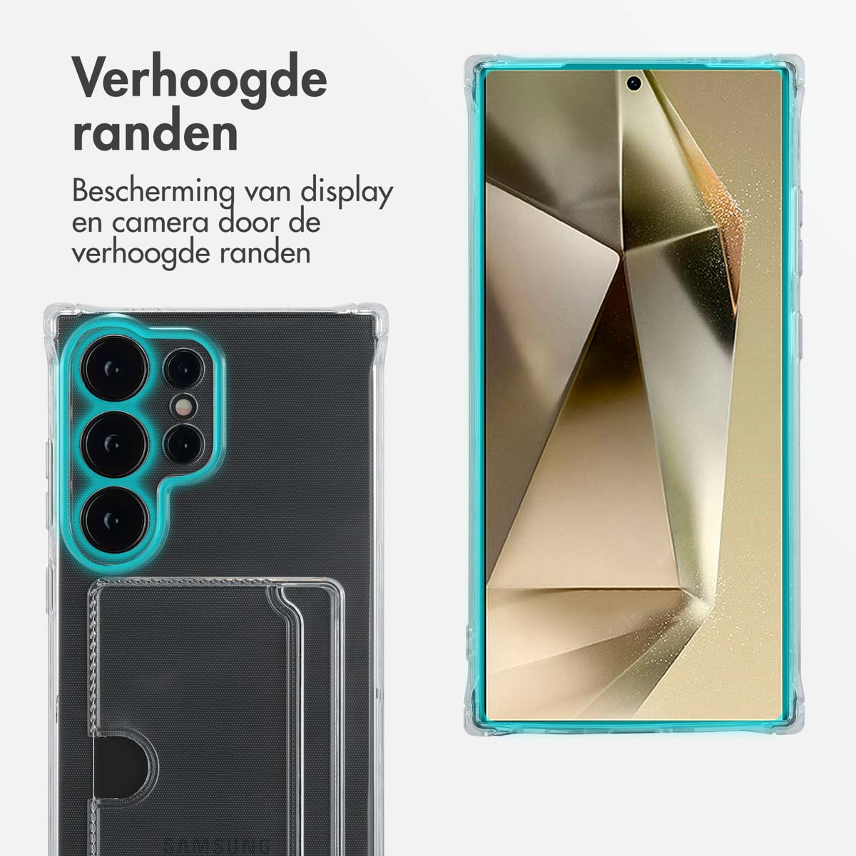 Téléphone avec étui transparent et fente pour carte. L'étui contient une carte. Texte : Bords surélevés. Protection de l'écran et de la caméra.