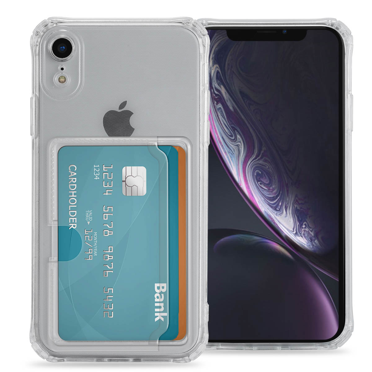 Custodia trasparente per telefono con scomparti per carte e carta di credito. Un telefono a destra.