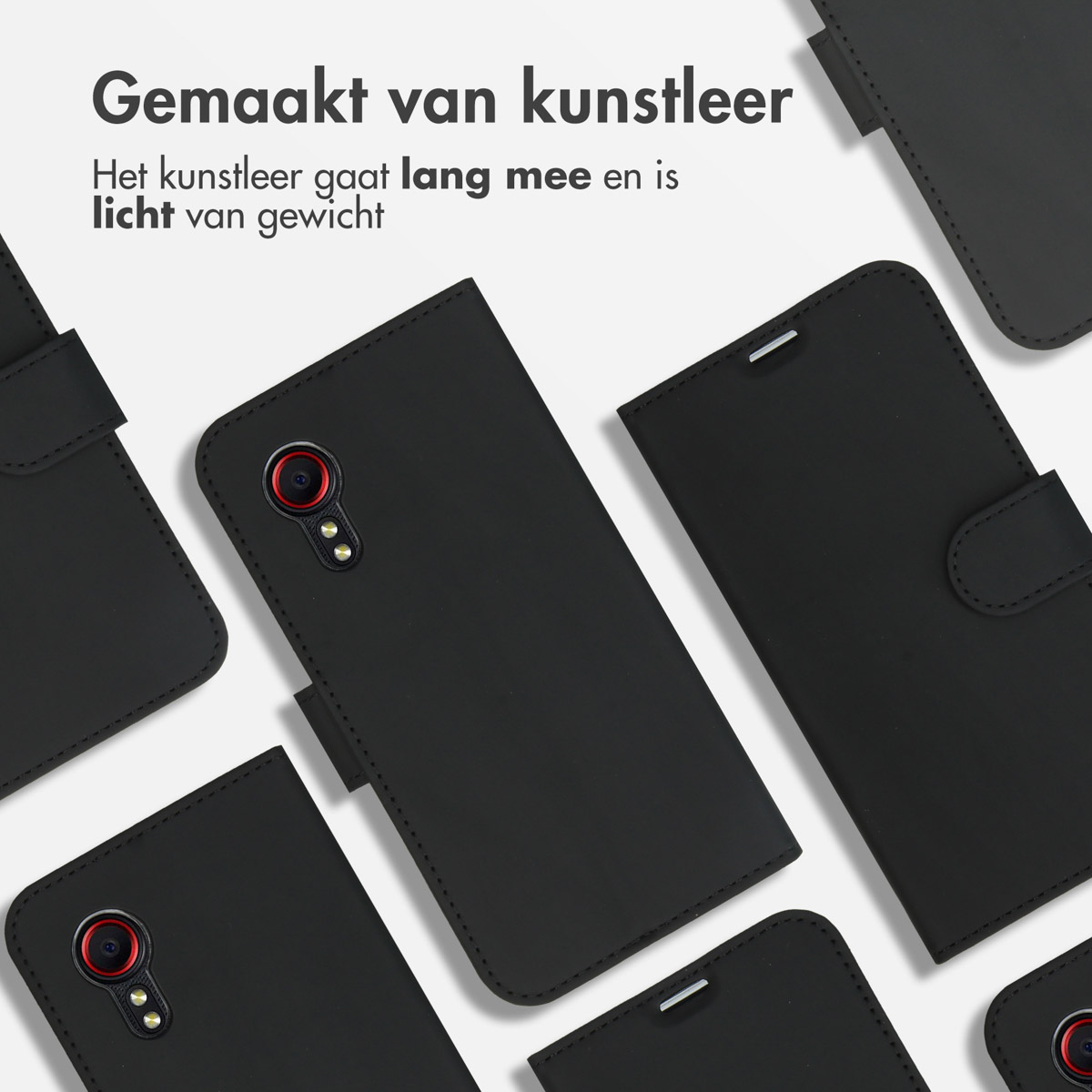 Meerdere zwarte telefoonhoesjes met een lederlook. Tekst zegt: 'Gemaakt van kunstleer'.
