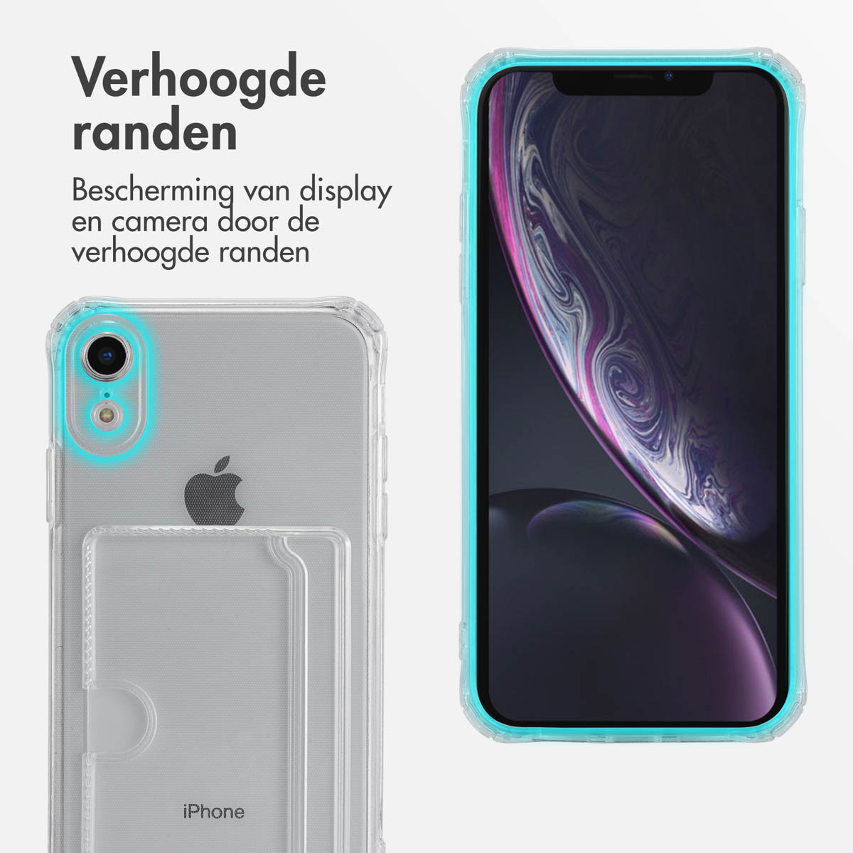 Custodia trasparente con bordo turchese sullo schermo del telefono.